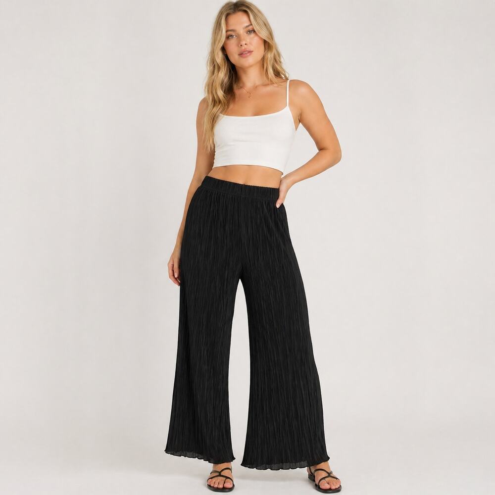 Topshop Black Crinkle Pleated Wide Leg Pants - Size 8-10 - Picture 2 of 7
